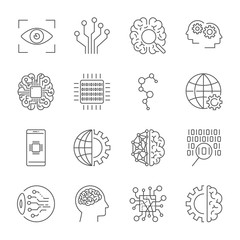 Sticker - Artificial Intelligence. Vector icon set for artificial intelligence AI concept. Various symbols for the topic using flat design. Editable stroke.