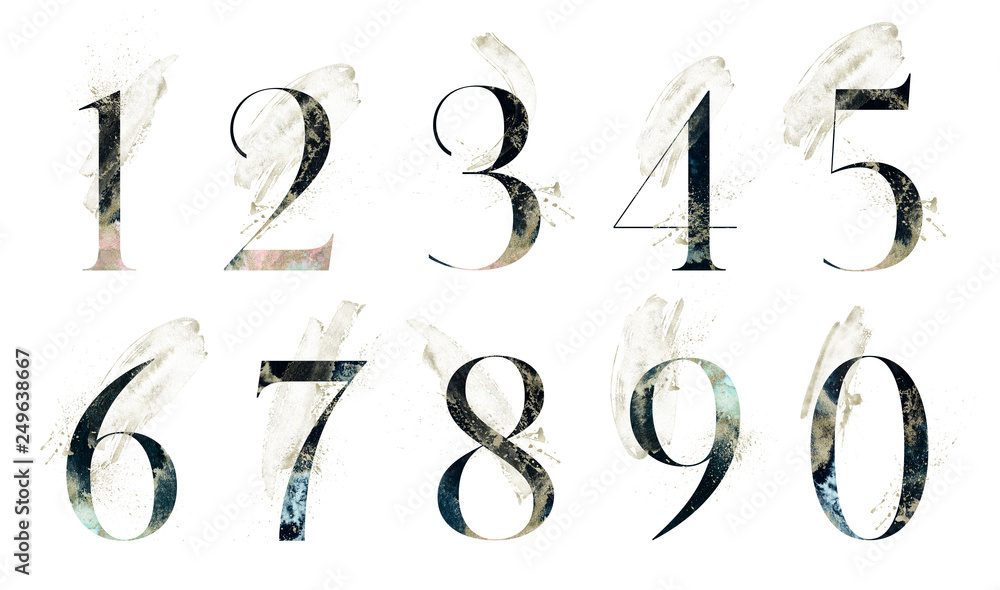 Abstract Numbers Font Set - textured digits 1, 2, 3, 4, 5, 6, 7, 8, 9, 0 composition with brush strokes. Unique collection for wedding invites decoration & many other concept ideas. - obrazy, fototapety, plakaty 