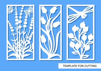 Wall Mural - Set of decorative panels with flowers, lavender, tulips, berries, butterflies and dragonfly. White objects on a blue background. Template for laser cutting, wood carving, paper cut or printing. 