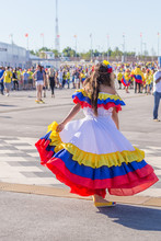 Russia, Samara, June 2018: Beautiful Smart Fans From Colombia Before A Football Match At The World Championships Against The Backdrop Of The New Stadium Of The Samara Arena.