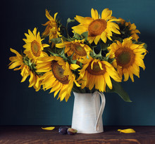 Sunflowers In A Jug And Plums.