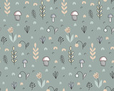 Vector seamless pattern with hand drawn berries, plants, flowers, mushrooms.