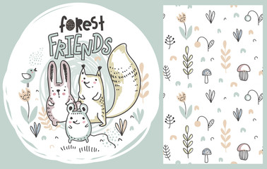 Vector set of cute hand drawn forest animals and seamless pattern