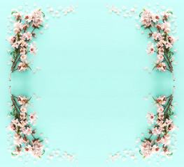 photo of spring white cherry blossom tree on pastel mint wooden background. View from above, flat lay