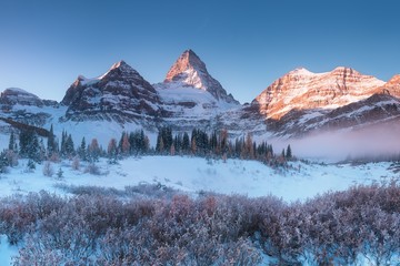 Wall Mural - Winter sunrise. Mount Assiniboine, also known as Assiniboine Mountain, is a pyramidal peak mountain located on the Great Divide, on the British Columbia/Alberta border in Canada. 