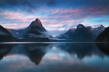 Wall Mural - beautiful sunrise in milford sound, new zealand. - mitre peak is the iconic landmark of milford soun