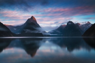 Wall Mural - beautiful sunrise in milford sound, new zealand. - mitre peak is the iconic landmark of milford soun