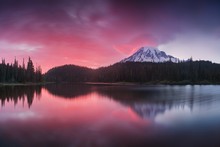 Scenic View Of Mount Rainier Reflected Across The Reflection Lakes. Pink Sunset Light On Mount Rainier In The Cascade Range, Washington State. Beautiful Paradise Area. Beautiful Landscape Concept