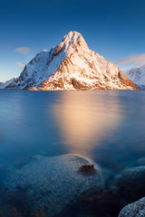 Wall Mural - panoramic landscape, winter mountains and fjord reflection in water. norway, the lofoten islands. co