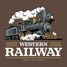 Vintage Steam Train Locomotive, Engraving Style Vector Illustration. Logo Design Template.