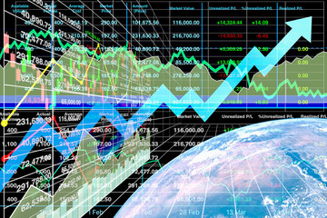 Wall Mural - Illustration of Global business financial index background of successful investment with graph and chart in perspective view.Earth image furnished by NASA.