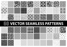Mega Pack Of 60 Black And White Vector Seamless Detailed Patterns: Abstract, Vintage, Retro, Animals, Cloth, Technology And Geometric. Vector Illustration