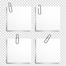 Set of realistic paper clip with paper and shadow , isolated.