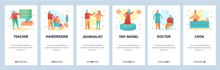 Web site onboarding screens. People of different professions, teacher, doctor, chef. Menu vector banner template for website and mobile app development. Modern design flat illustration.