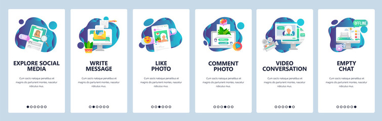 Poster - web site onboarding screens. social media services, online chat and dating profiles. menu vector ban
