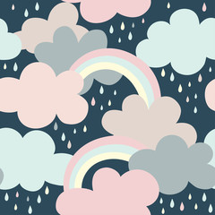 Wall Mural - Seamless pattern with clouds, rainbow and drops