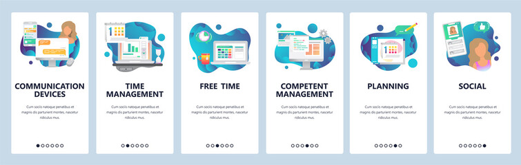 Poster - web site onboarding screens. online chat, dating, social media and time management. menu vector bann