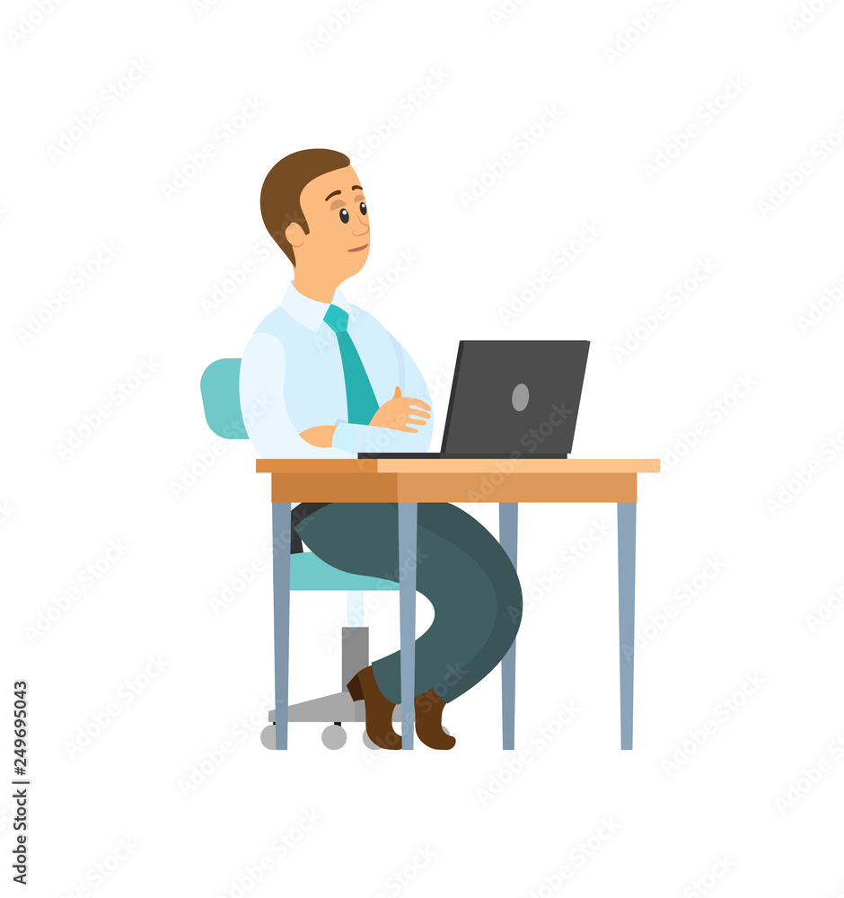 Man sitting on chair at table with computer with crossed hands. Isolated office worker at work place, open notebook on desktop vector male person in tie