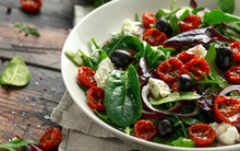 Sun Dried Tomatoes Salad With Fresh Vegetables Mix And Mozzarella Cheese. Healthy Food