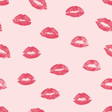 Vector Woman Pink Lipstick Kiss Prints Seamless Background Pattern. Pink Lovely Kisses For Romantic, Wedding And Valentine Backgrounds