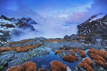 Spring or summer morning by lake in mountains. Morning beautiful nature scene. High Tatras mountain lake at reflection in water, Carpathians, Slovakia. Beautiful morning background