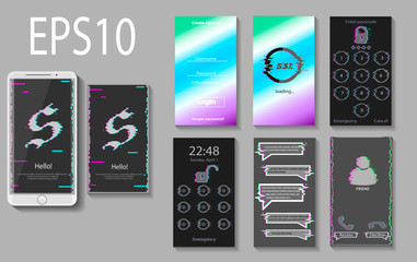 Dark glitch UI, GUI screen design for mobile app.  Mobile application interface glitch design. Wireframe kit for Lock Screen, Login page, Enter Passcode, User call, Application Loading, Text Messages.