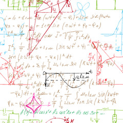Math seamless pattern endless pattern with handwriting of various operations such as addition, subtraction, multiplication, division an calculations. Geometry, mathematics subjects. College lectures.