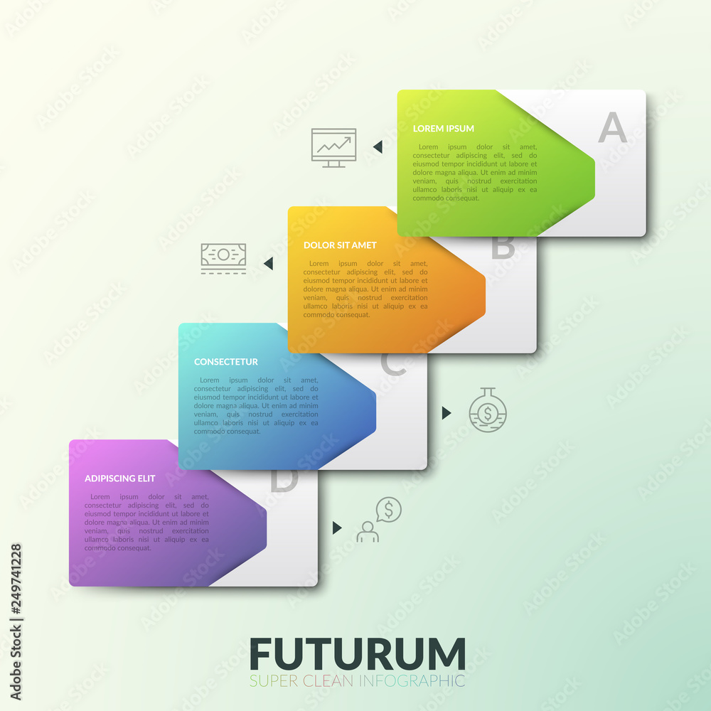 Four overlaying rectangular elements with text boxes placed in diagonal ...