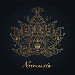 indian lotus with namaste word. Cute folk vector illustration on dark background