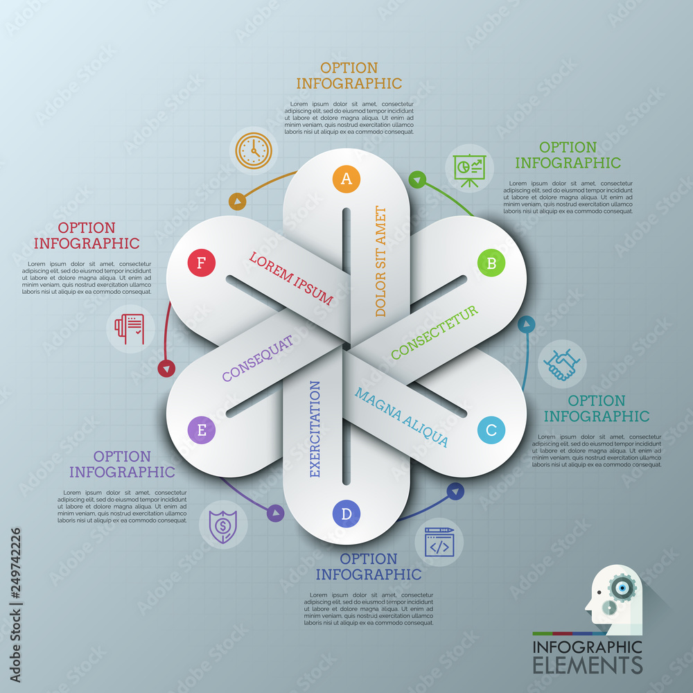 Unique infographic design template with 6 lettered elements connected ...