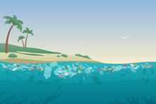 Sea Garbage In Polluted Water. Dirty Ocean Beach With Trash And Plastic On Sand And Under Water Surface Vector Illustration Concept.