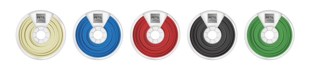 Vector set of five petg filaments for 3D printing wounded on the spool with a name PETG. Plastic material in several color variants – natural white, blue, red, black and green isolated on white.