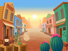  Western Town.Vector Illustration In Cartoon Style 