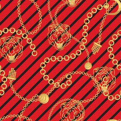 tiger head and gold chains striped red pattern fashion wild vector design.