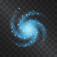 Silver Glow Neon Blue Galaxy Vector Light Effect With Orbits, Shining Stardust Halo. Decorative Glittering Sparkles, Nebula. Highlight Energetic Motion Luxurious Design On Transparent Background.