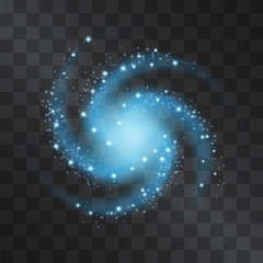 Wall Mural - Silver glow neon blue galaxy vector light effect with orbits, shining stardust halo. Decorative glittering sparkles, nebula. Highlight energetic motion luxurious design on transparent background.