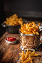 French Fries In A Basket With Ketchup