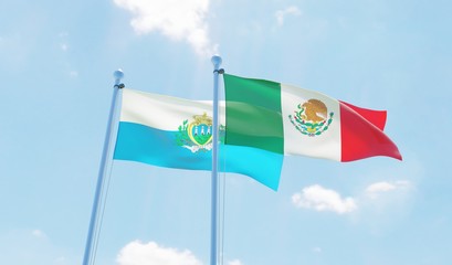 Mexico and San Marino, two flags waving against blue sky. 3d image