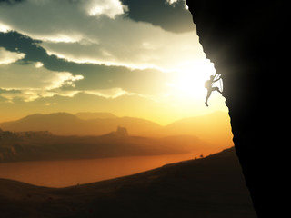 Wall Mural - 3d extreme rock climber against a sunset landscape