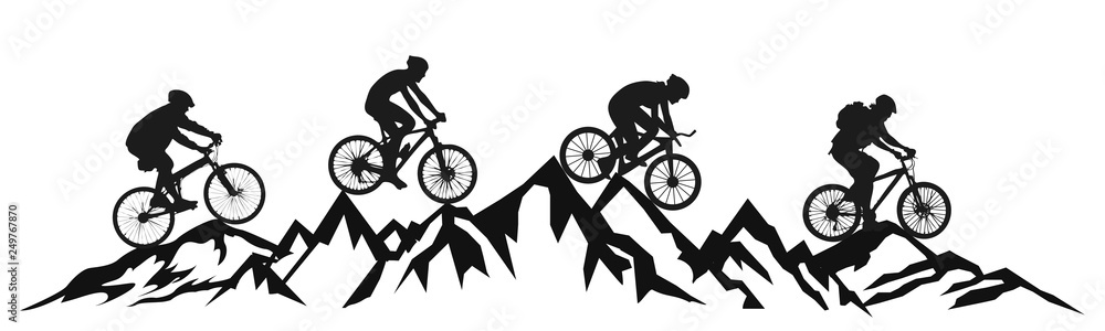 Group cyclist in the mountains – vector - obrazy, fototapety, plakaty 