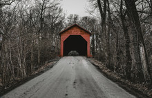 Red Covered Bridge In Forest 