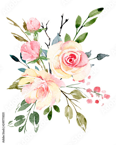 Watercolor flowers, floral bouquet for greeting card, invitation and other pr...