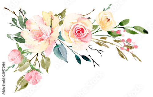Watercolor flowers, floral bouquet for greeting card, invitation and other pr...