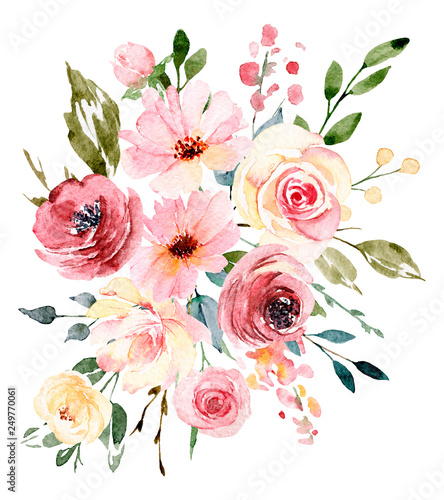 Watercolor flowers, floral bouquet for greeting card, invitation and other pr...