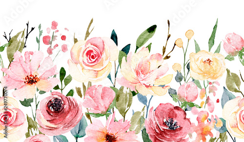 Watercolor flowers, floral repeating border for greeting card, invitation and...