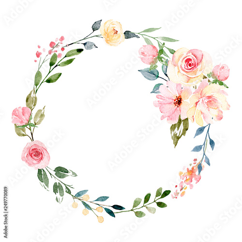 Wreath with watercolor flowers, floral frame for greeting card, invitation an...