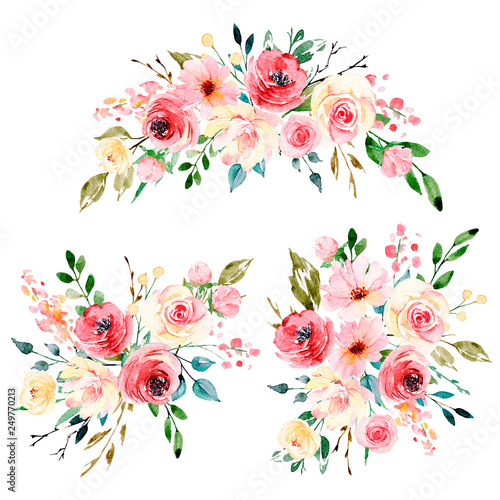 Watercolor flowers set, bouquets, floral illustration for greeting card, invi...