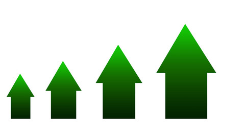 growing green arrows upward on white background