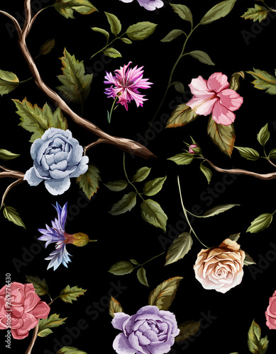 Seamless pattern of carnation flowers, roses, peony, leaves, cornflowers