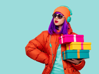 Poster - girl with purple hair with headphones and gifts